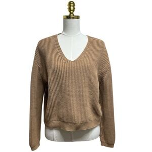 QUINCE Organic Cotton V-Neck Fisherman Ribbed knit Tan Sweater Sz S